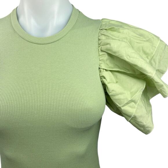 NEW Zara Green Ribbed Flutter Ruffle Sleeve Crew Neck Bodysuit Blouse Top Size S - Picture 3 of 5